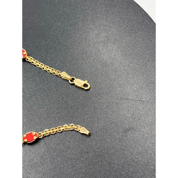 Yellow Gold 14k Italy Byzantine Woven Style Five Oval Coral Cabochons Bracelet - Picture 5 of 10